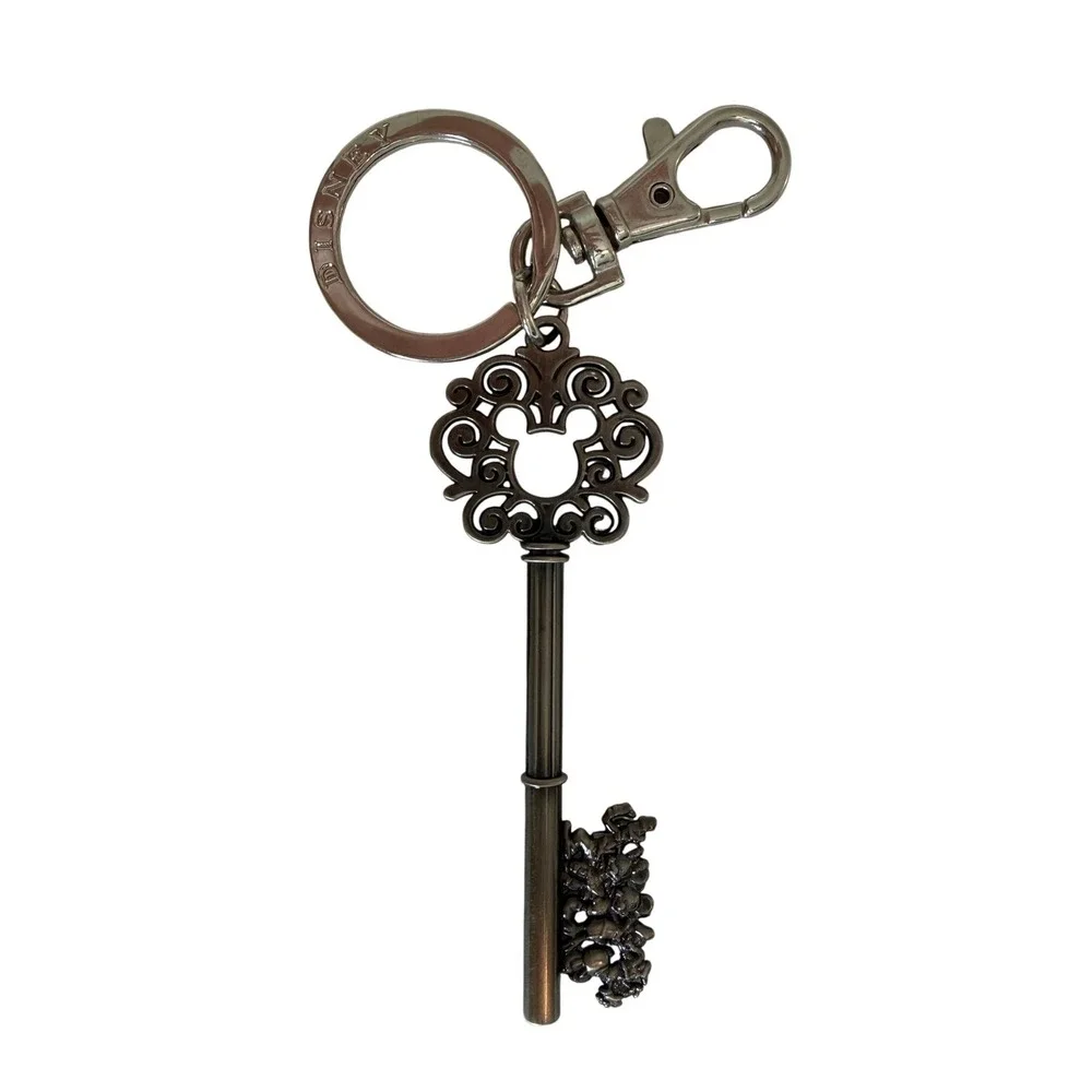 Disney Parks Mickey Mouse Filigree Skeleton Key Keychain Burnished Silver Tone